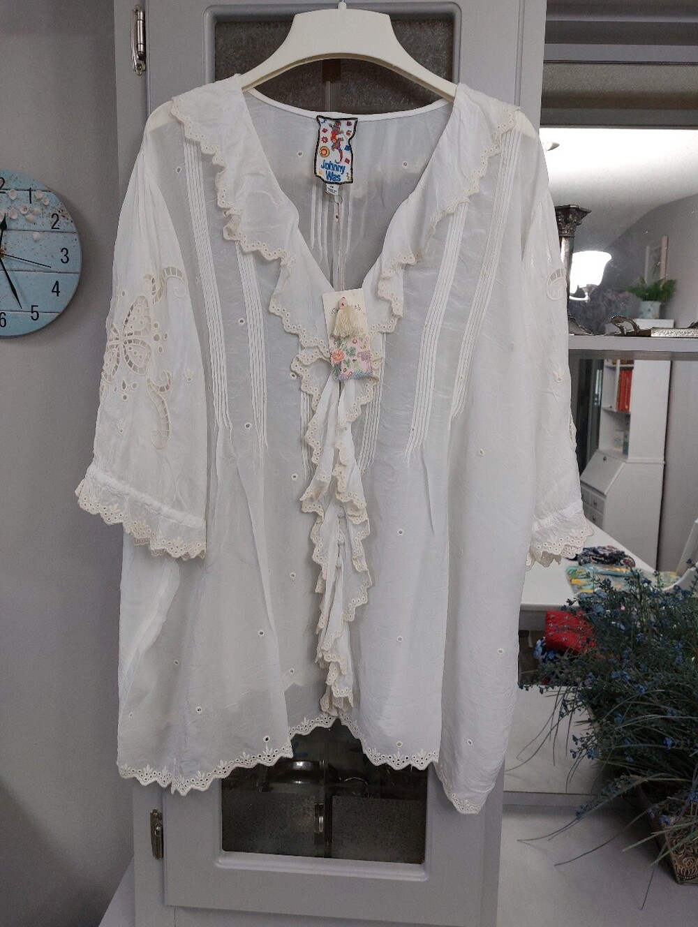 Johnny Was Ivory Pintuck & Lace Top 2X NWT